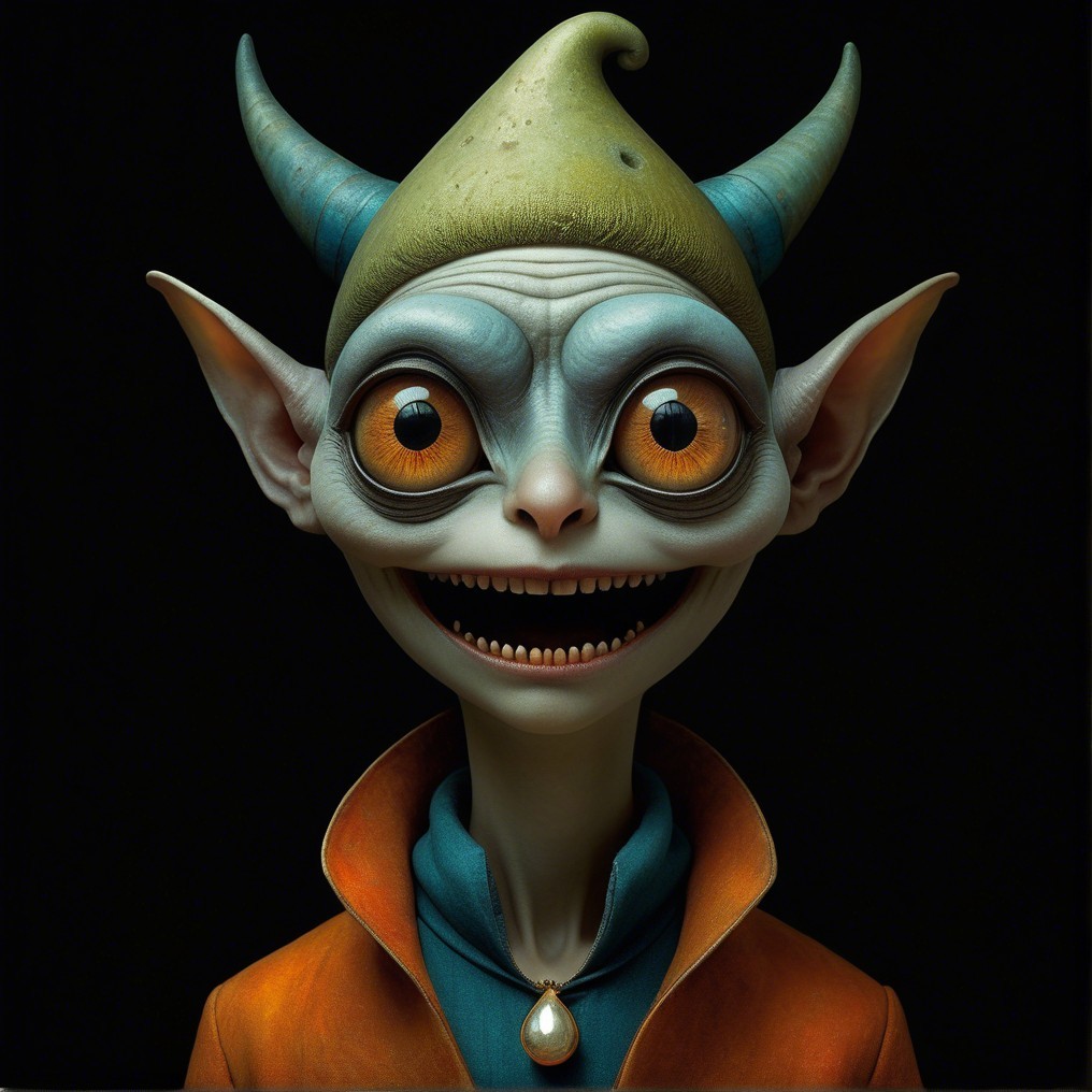 Whimsical creature with colorful attire and unique features
