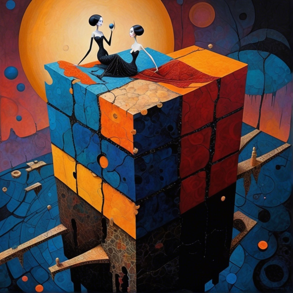Surreal Landscape with Figures on Colorful Rubik's Cube