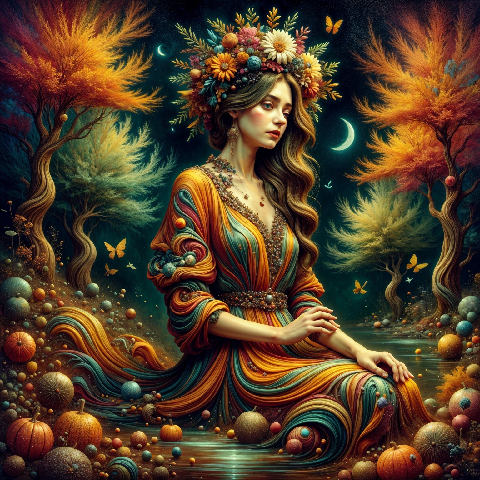 Serene figure by glowing river in autumn hues