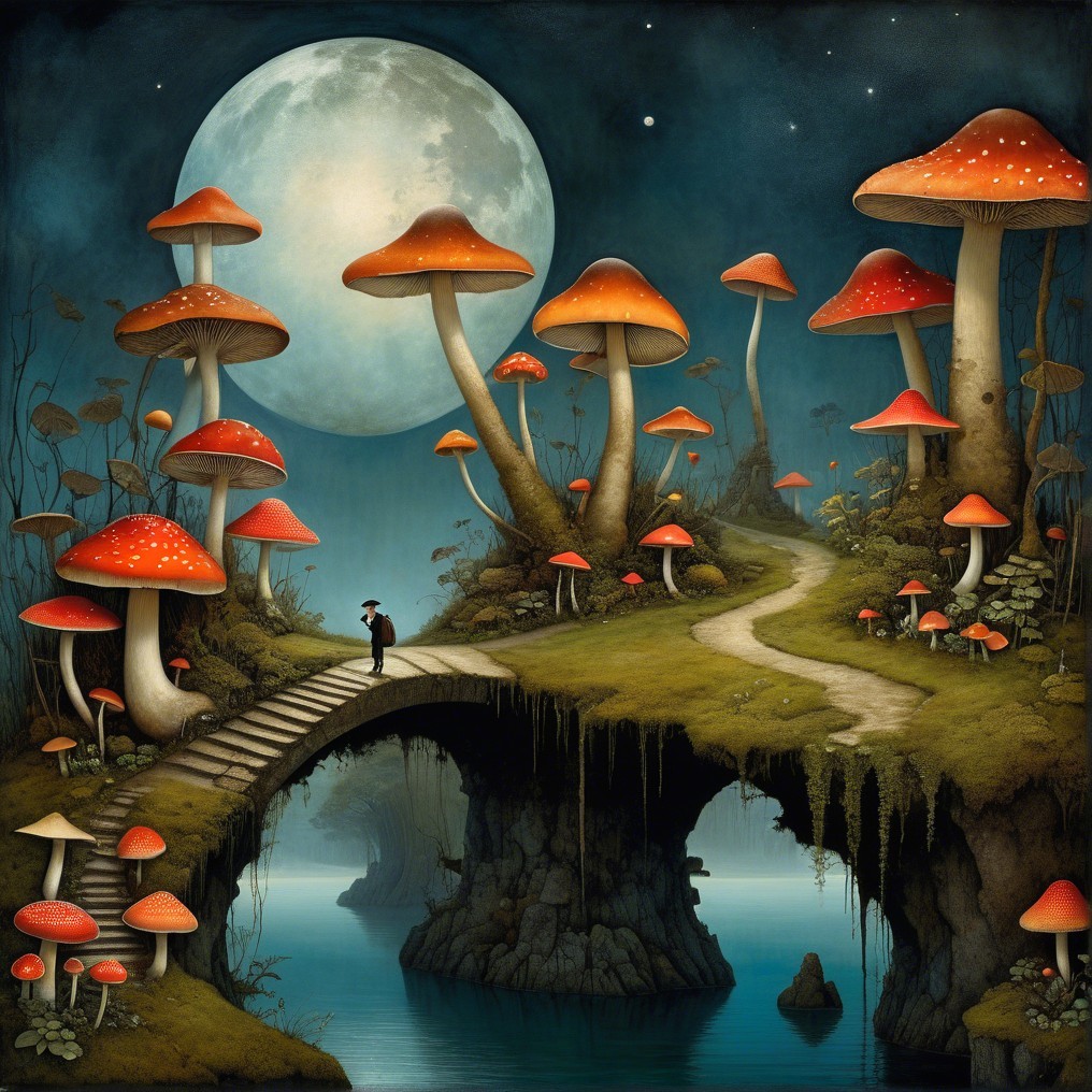 Whimsical Landscape with Towering Mushrooms and Moon