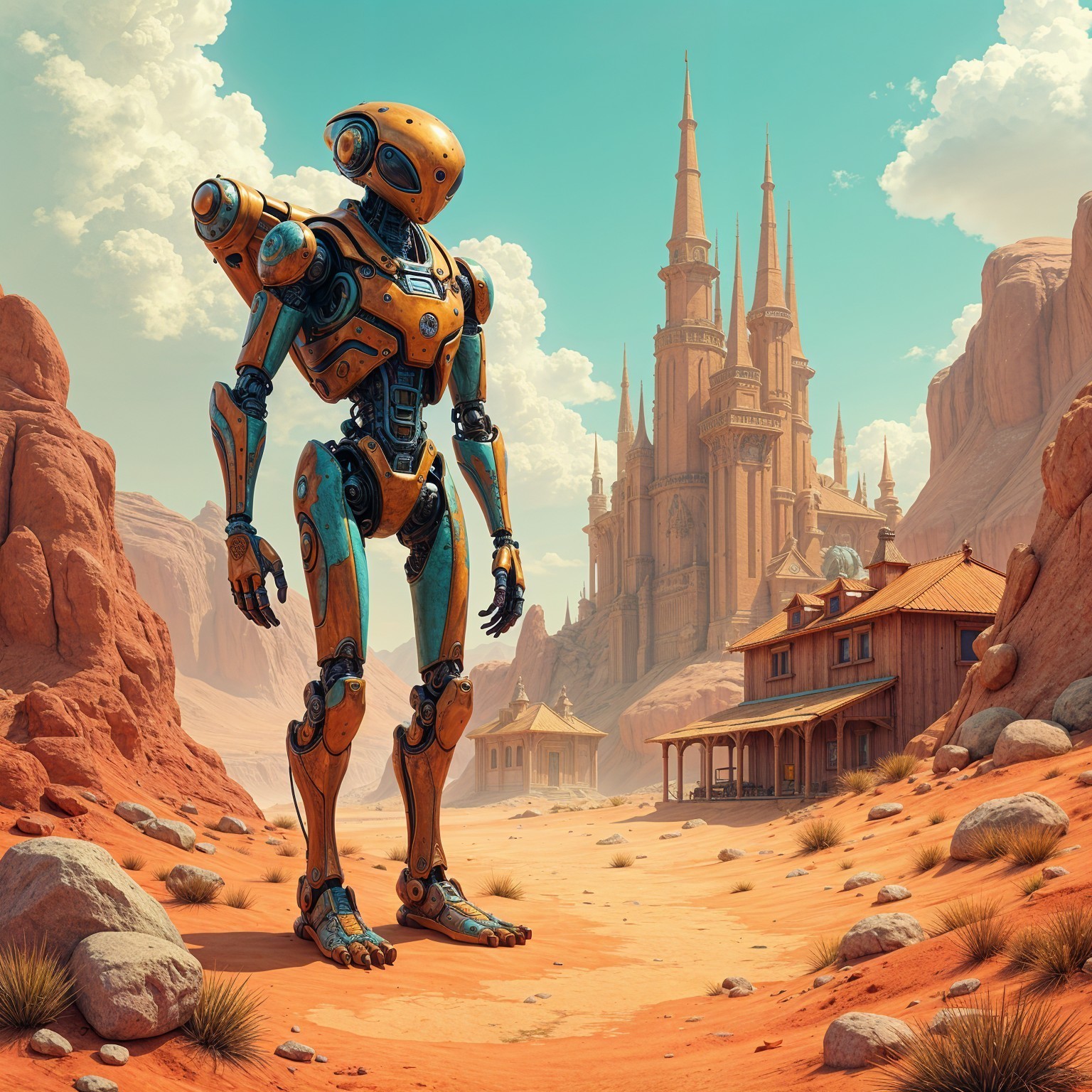 Towering Robot and Castle in Arid Landscape Scene