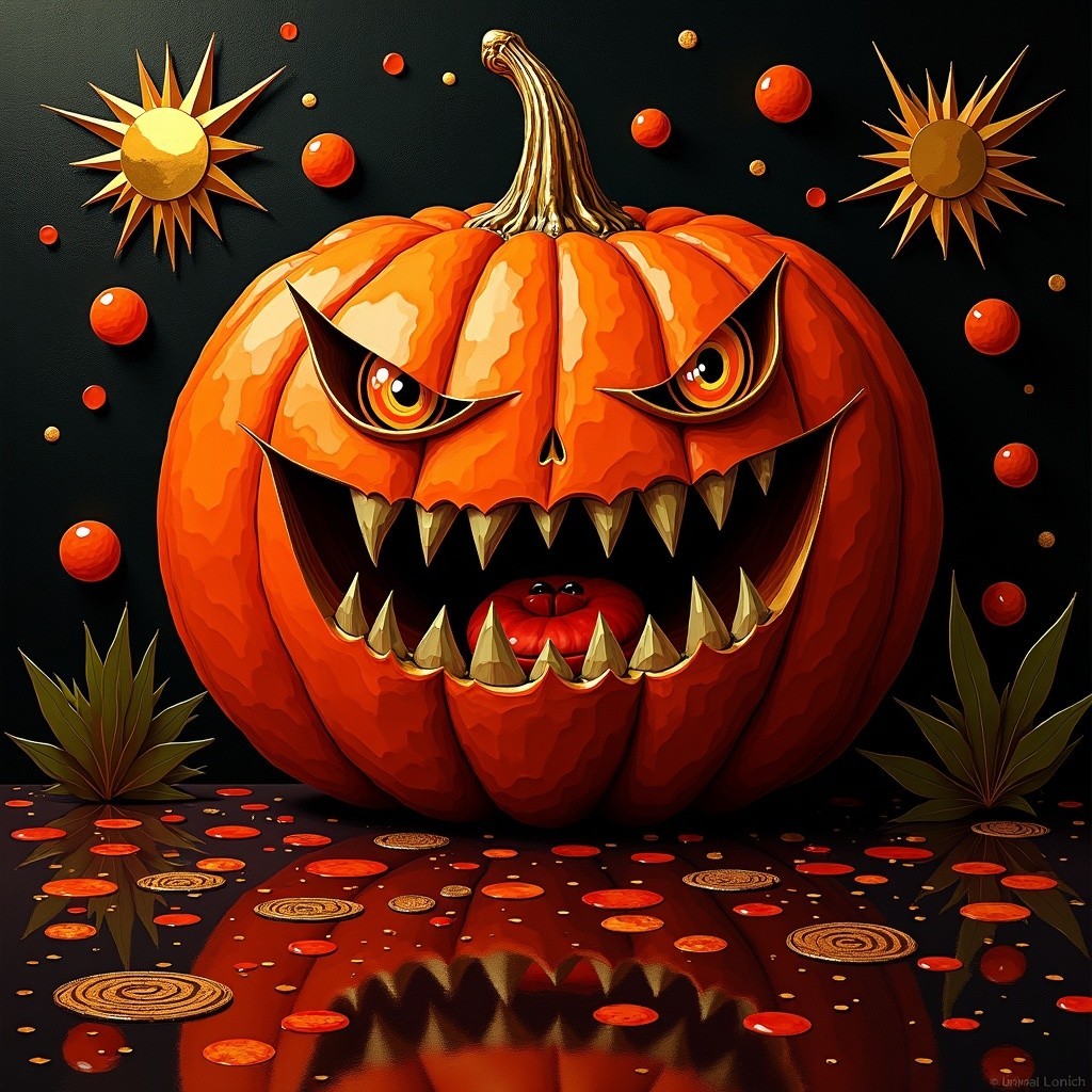 Large menacing pumpkin with glowing eyes and teeth