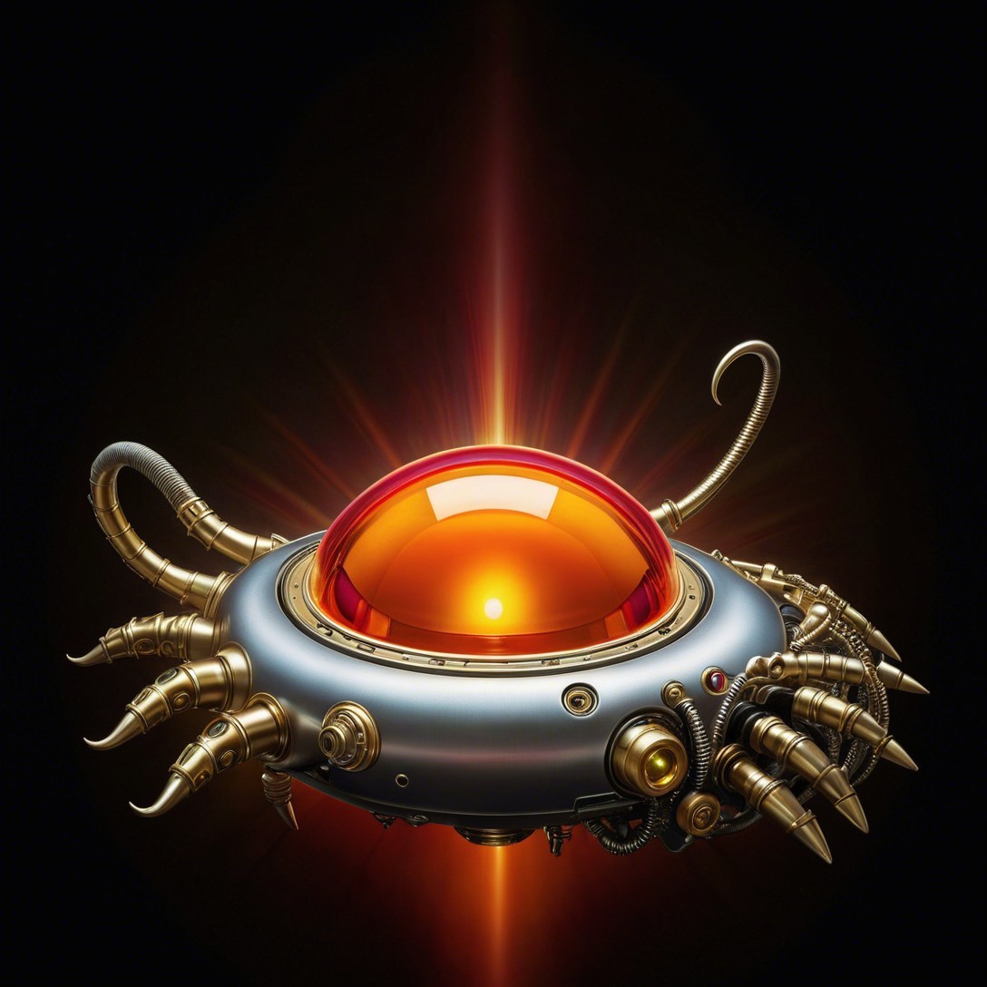 Futuristic metallic crab-like alien spacecraft design