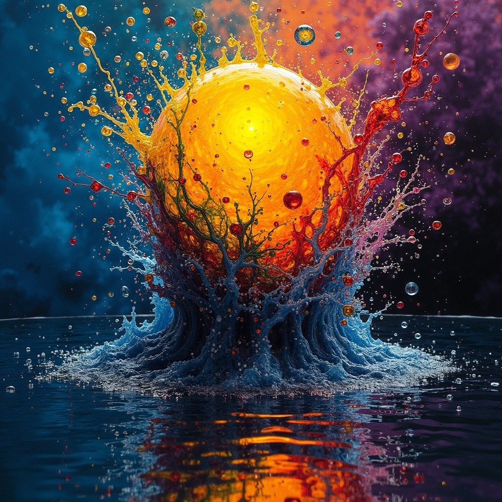 Surreal Scene of Colorful Orb and Flowing Waves