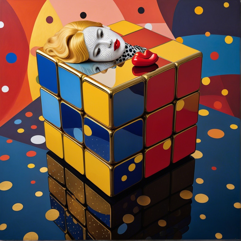 Surreal Artwork with Colorful Rubik's Cube and Doll Head