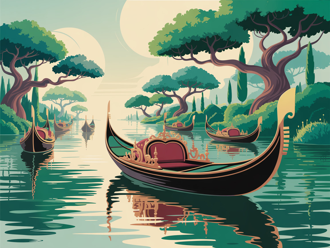 Serene Landscape with Gondolas and Dual Moons