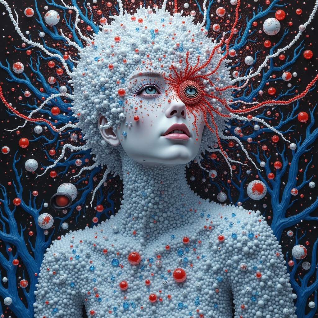 Surreal Figure with Textured Patterns and Organic Forms