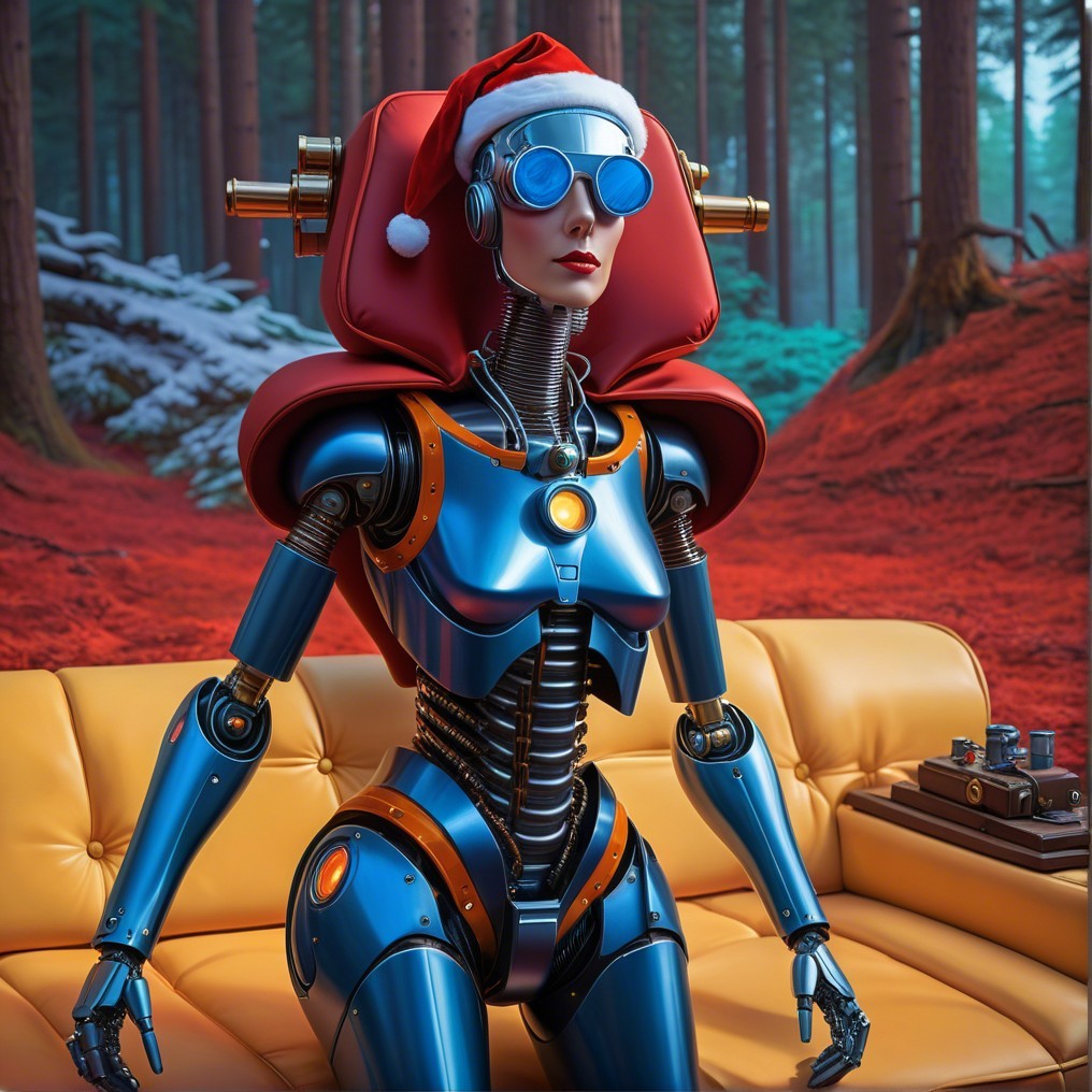 Futuristic Robot with Santa Hat on Yellow Couch