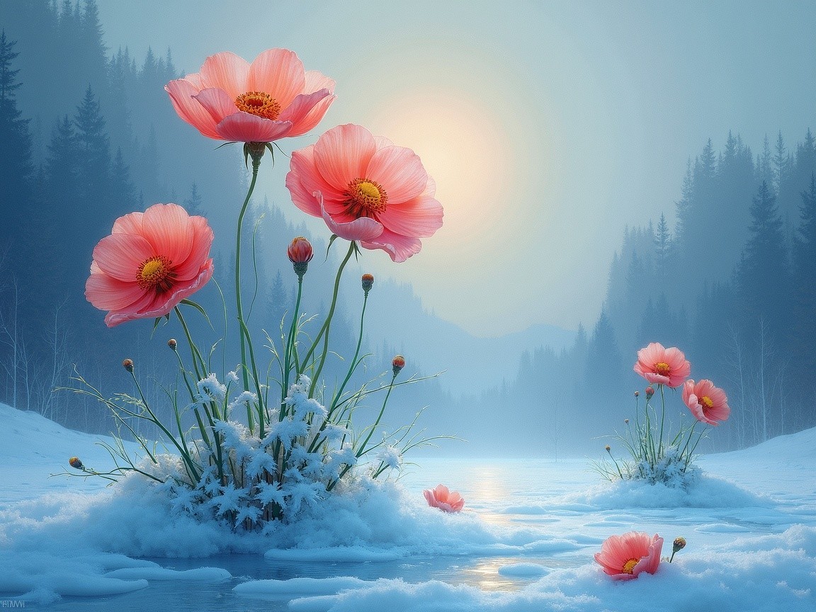 Winter Landscape with Pink Flowers and Pine Trees