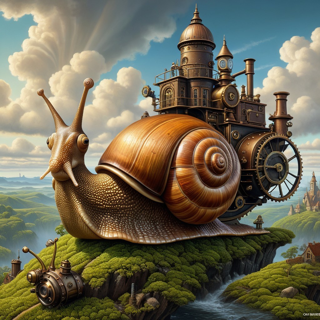 Giant Steampunk Snail in a Lush Fantasy Landscape