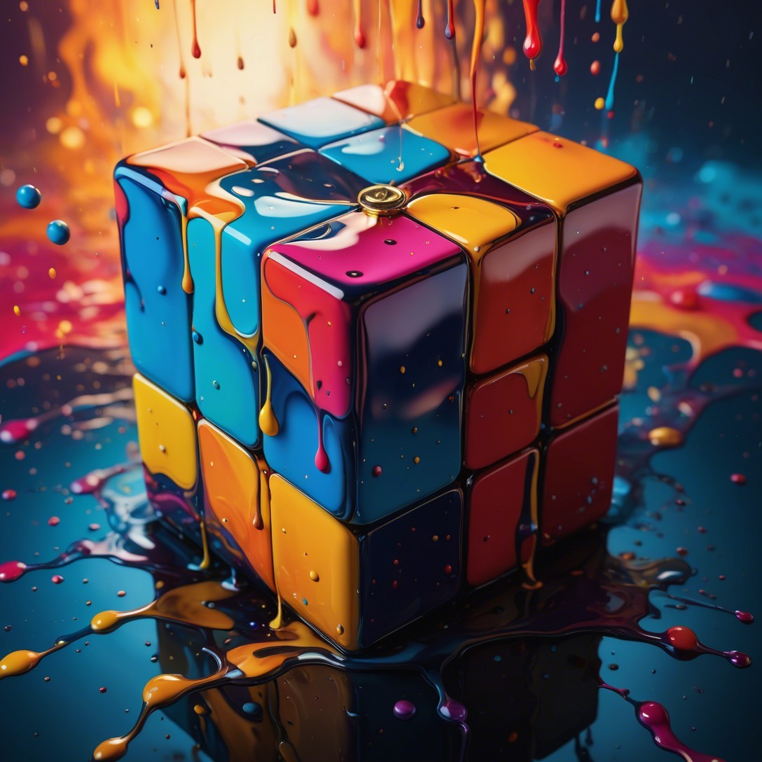 Vibrant Rubik's Cube with Dripping Multicolored Paint