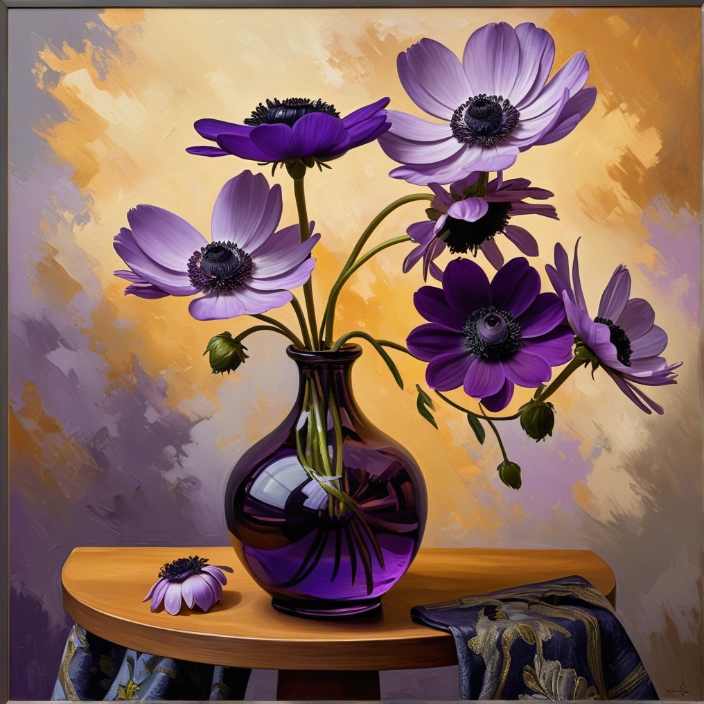 Vibrant Still Life with Purple Anemone Flowers