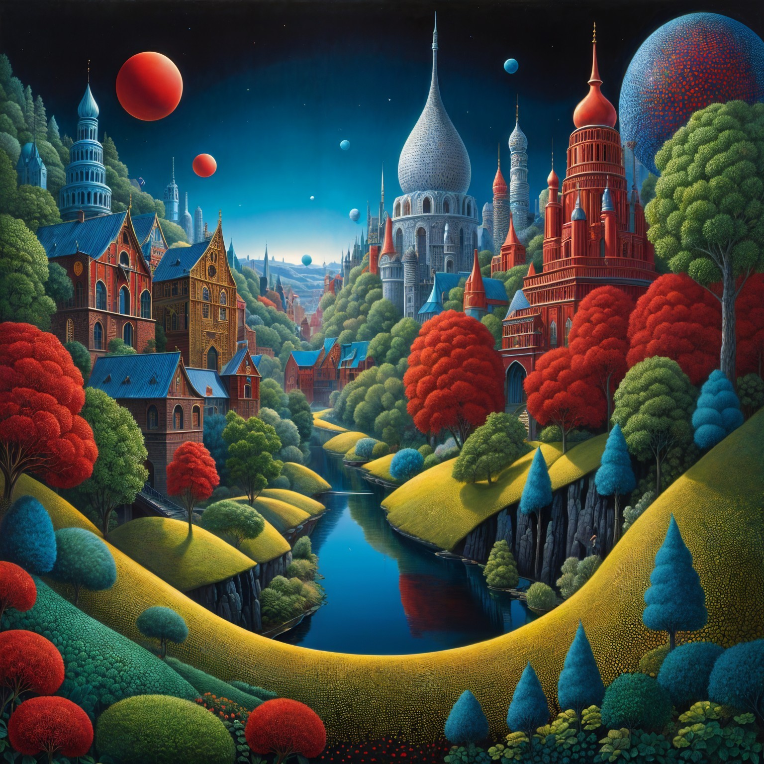 Whimsical City Landscape with Starry Night Sky