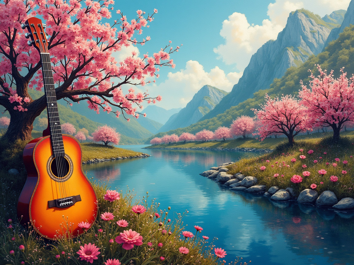Serene Landscape with River and Cherry Blossoms