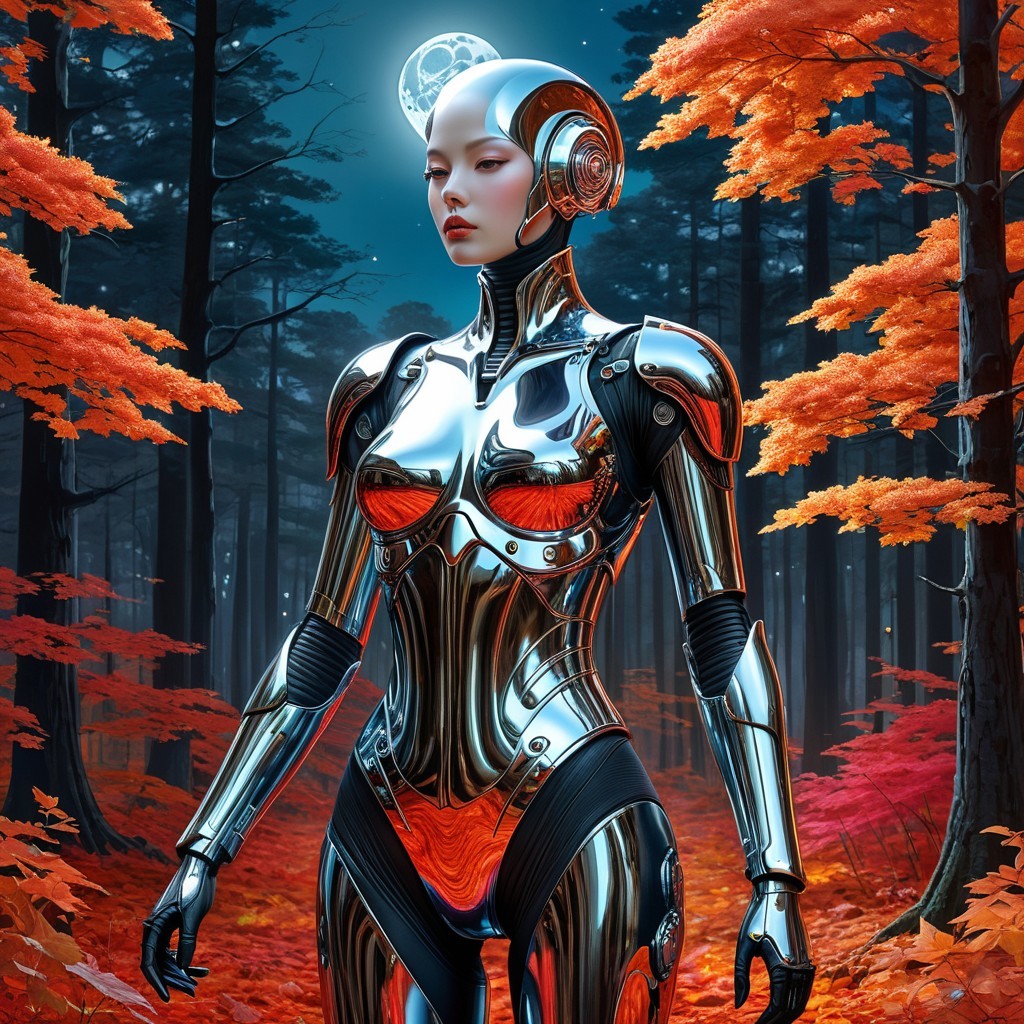 Futuristic Female Android in Autumn Forest Setting