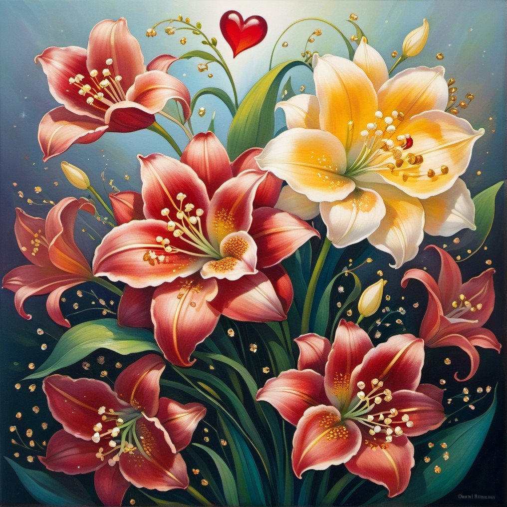 Vibrant bouquet of red and yellow lilies with heart