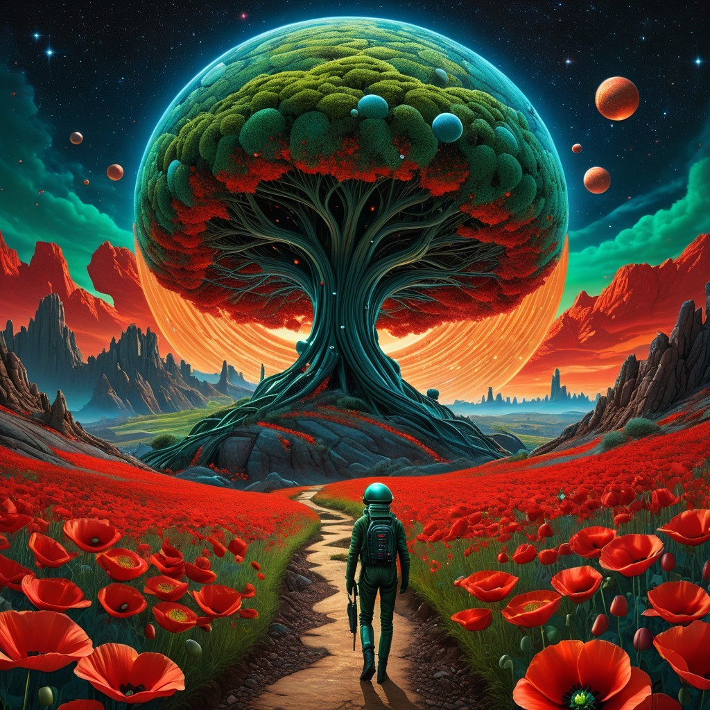 Alien Landscape with Lush Tree and Starry Sky