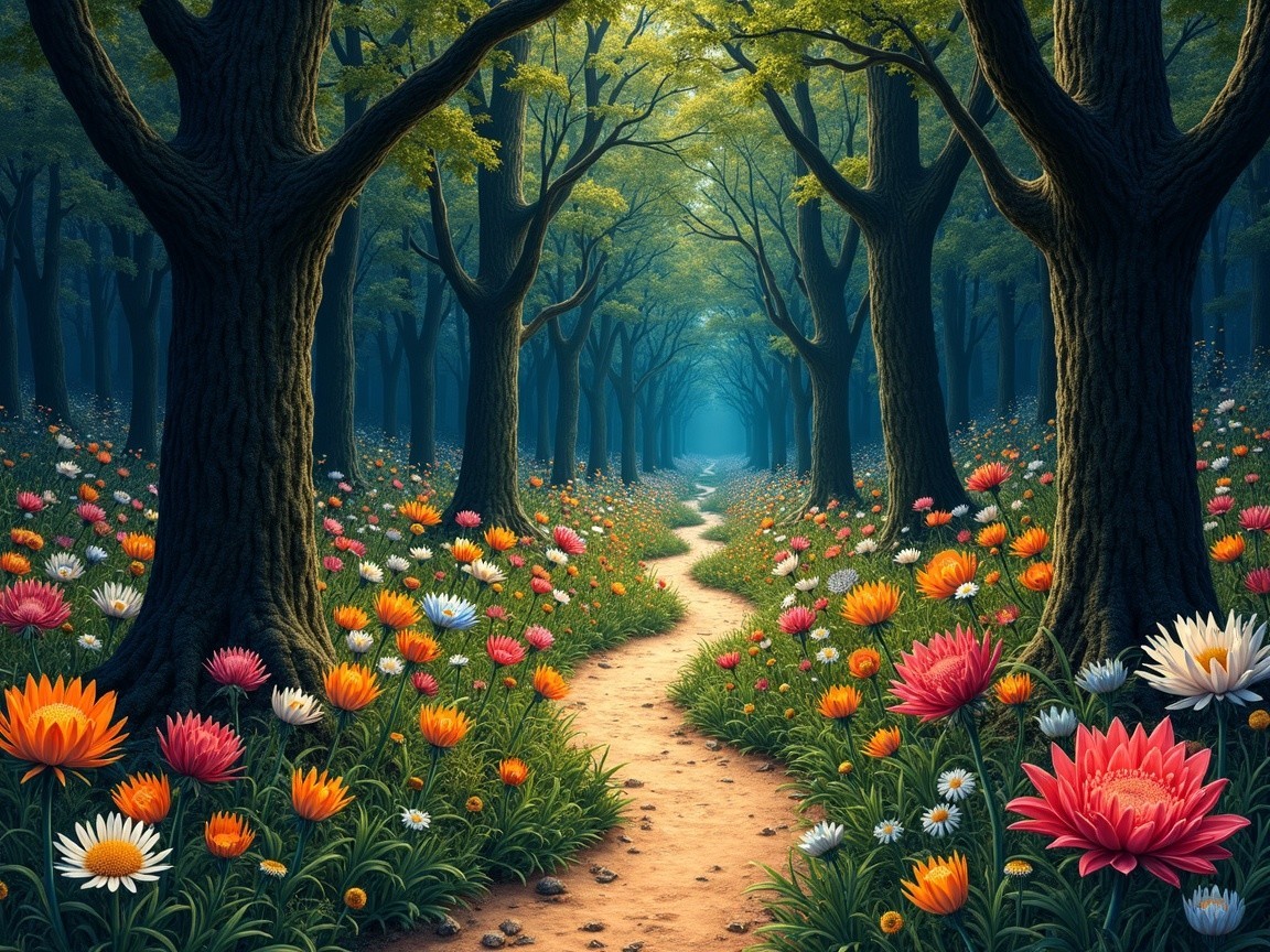 Serene forest pathway with vibrant wildflowers and trees