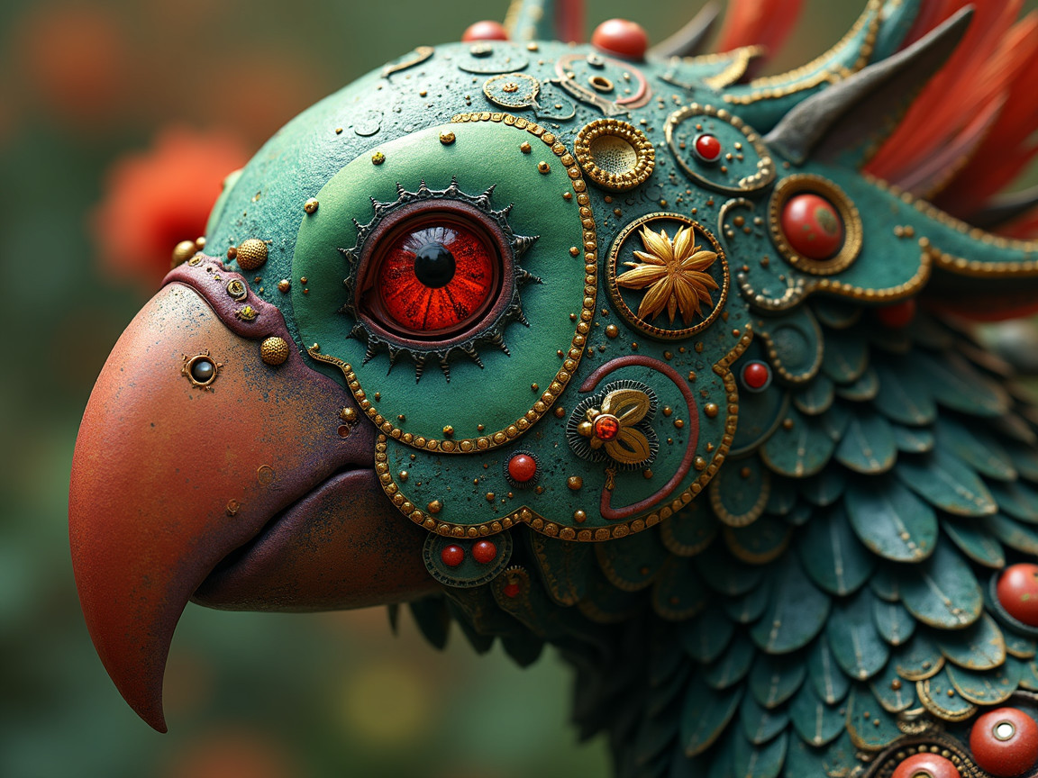 Ornate Bird Head with Emerald Feathers and Red Accents