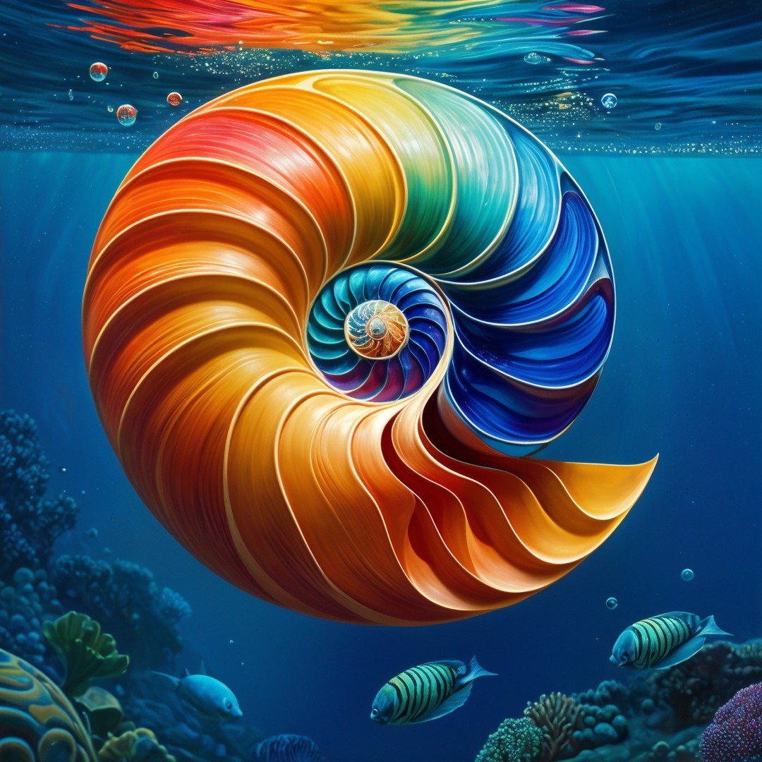 Vibrant Underwater Scene with Nautilus Shell and Coral