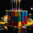 Whimsical Nighttime Island Scene with Colorful Building