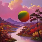 Surreal Landscape with Colorful Hills and Stream