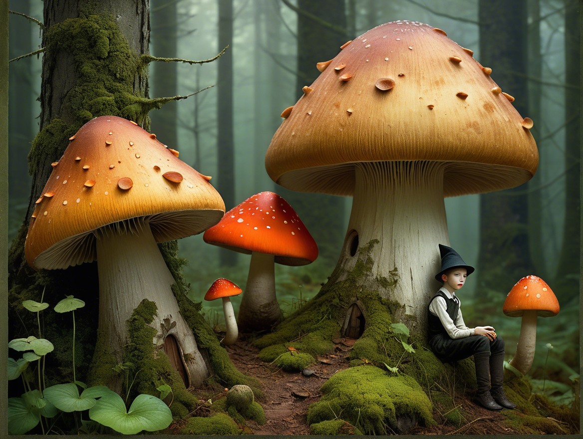 Oversized Vibrant Mushrooms in a Mystical Forest