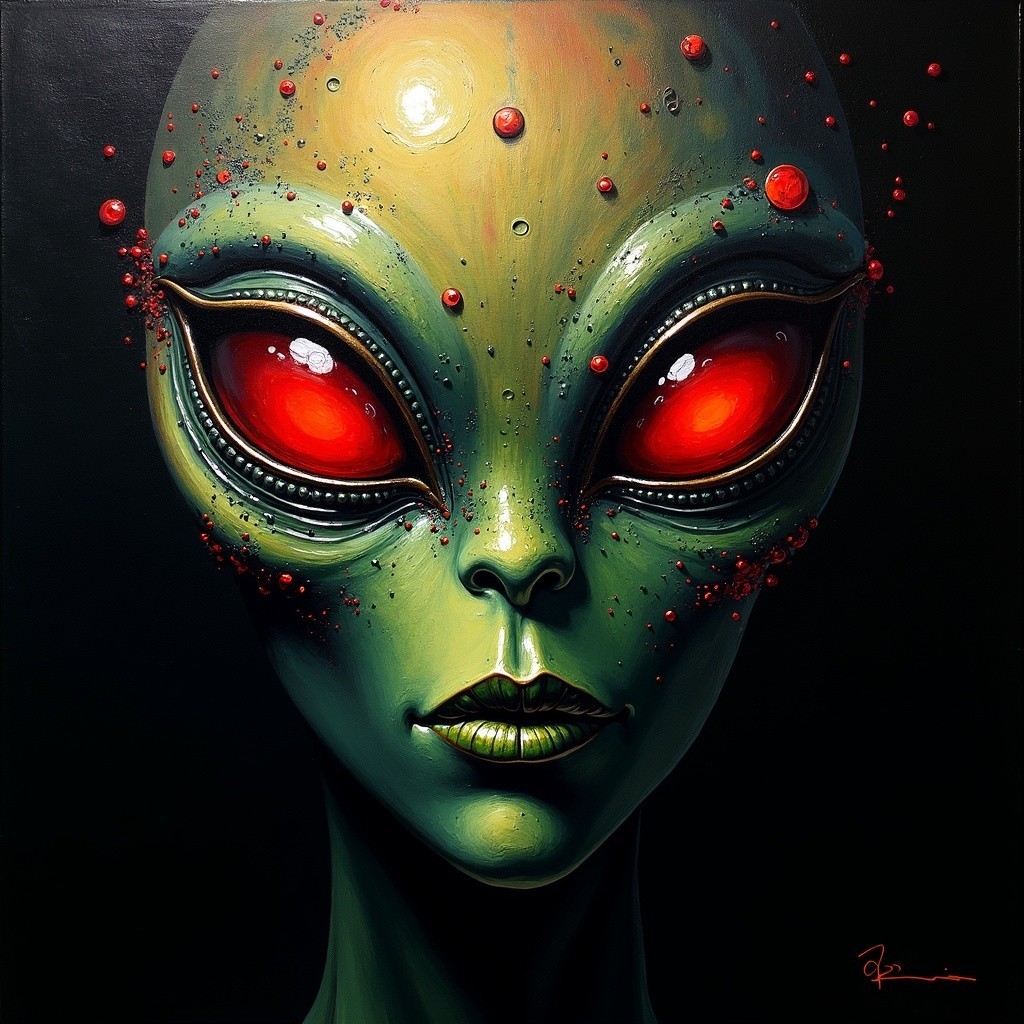 Alien Figure with Oval Head and Red Eyes