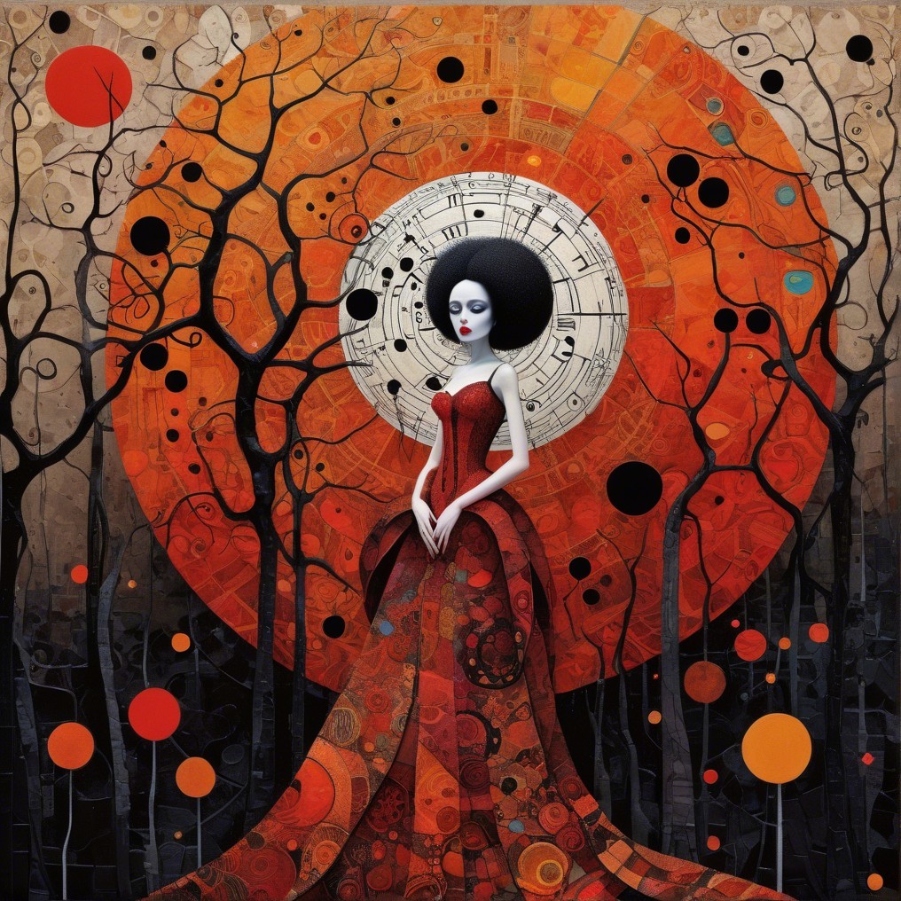 Stylized Female Figure in Red Gown with Musical Notes