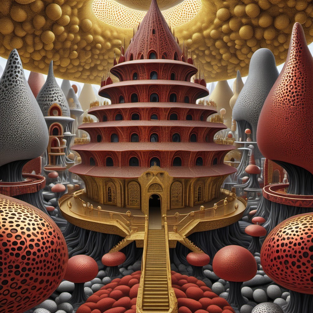 Surreal Landscape with Intricate Temple and Mushrooms
