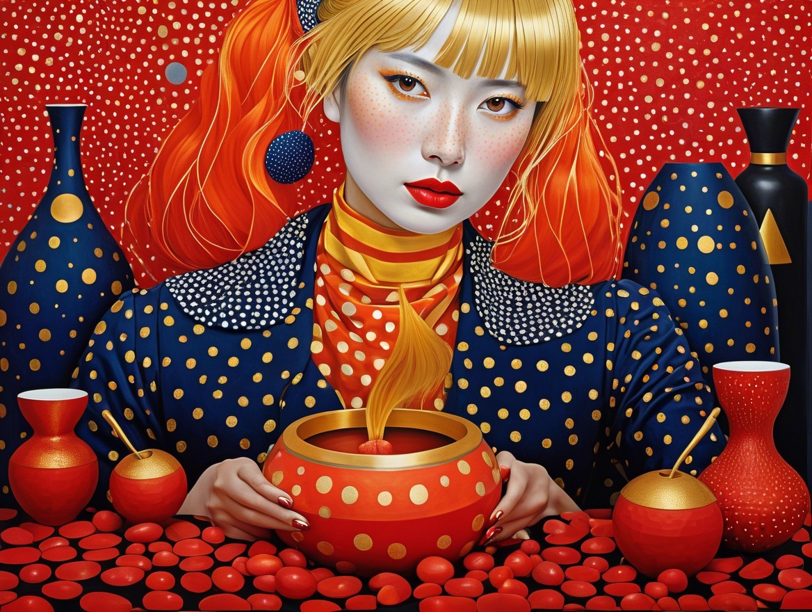 Portrait of a woman with red hair and colorful decor