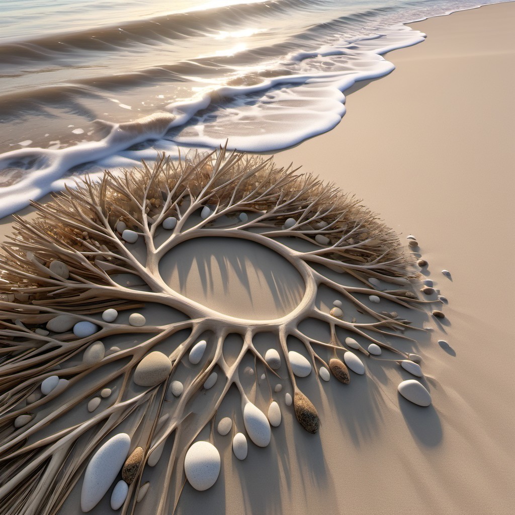 Natural Artwork of Driftwood and Pebbles on Beach