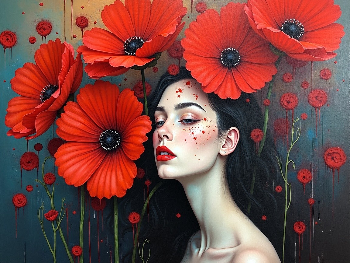 Serene Woman with Dark Hair and Red Poppy Background