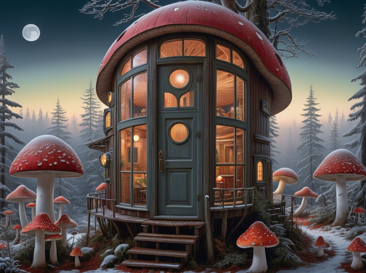 Mystical Mushroom House in a Snowy Twilight Forest