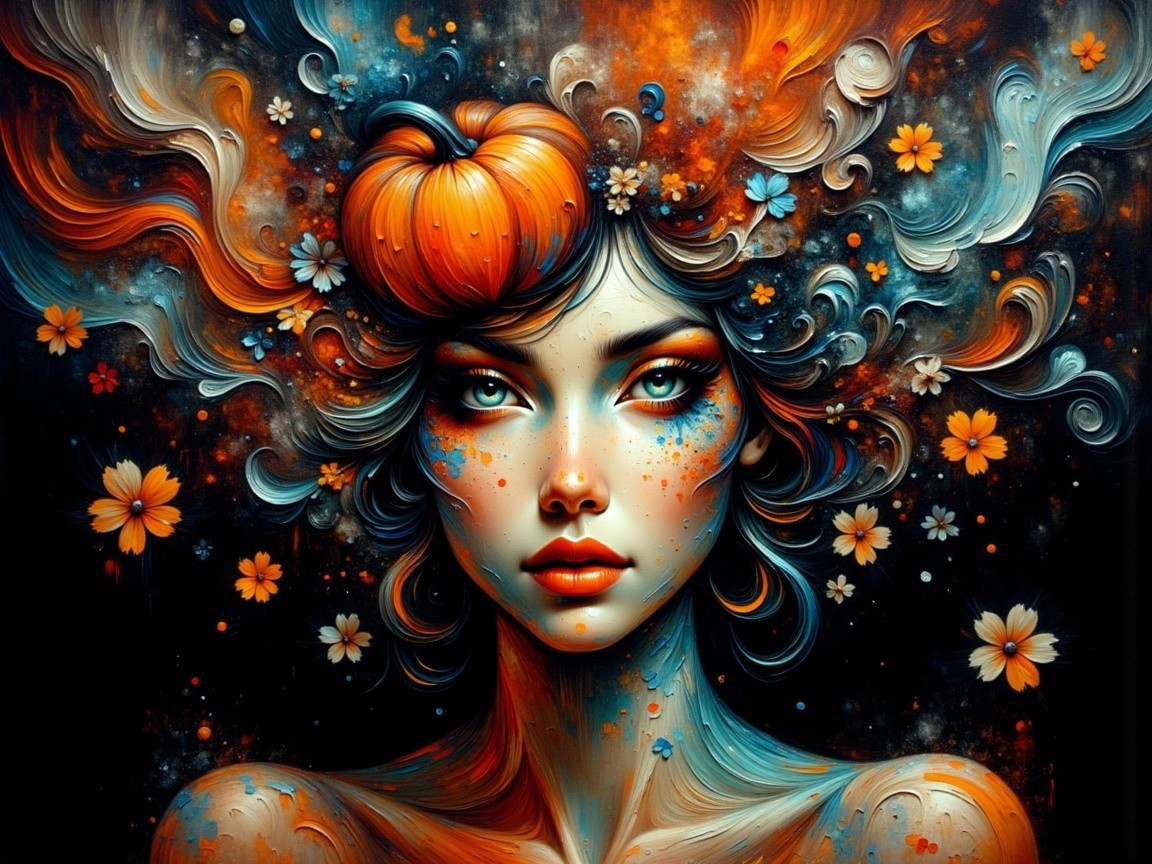 Vibrant Woman with Pumpkin Crown and Floral Patterns
