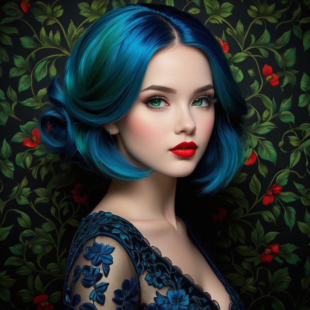 Portrait of a Woman with Blue Hair and Floral Dress