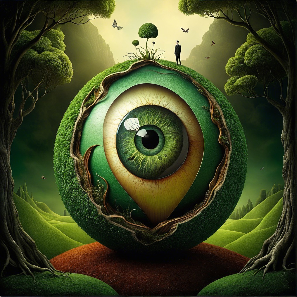 Surreal Landscape with Enormous Eye and Lush Foliage