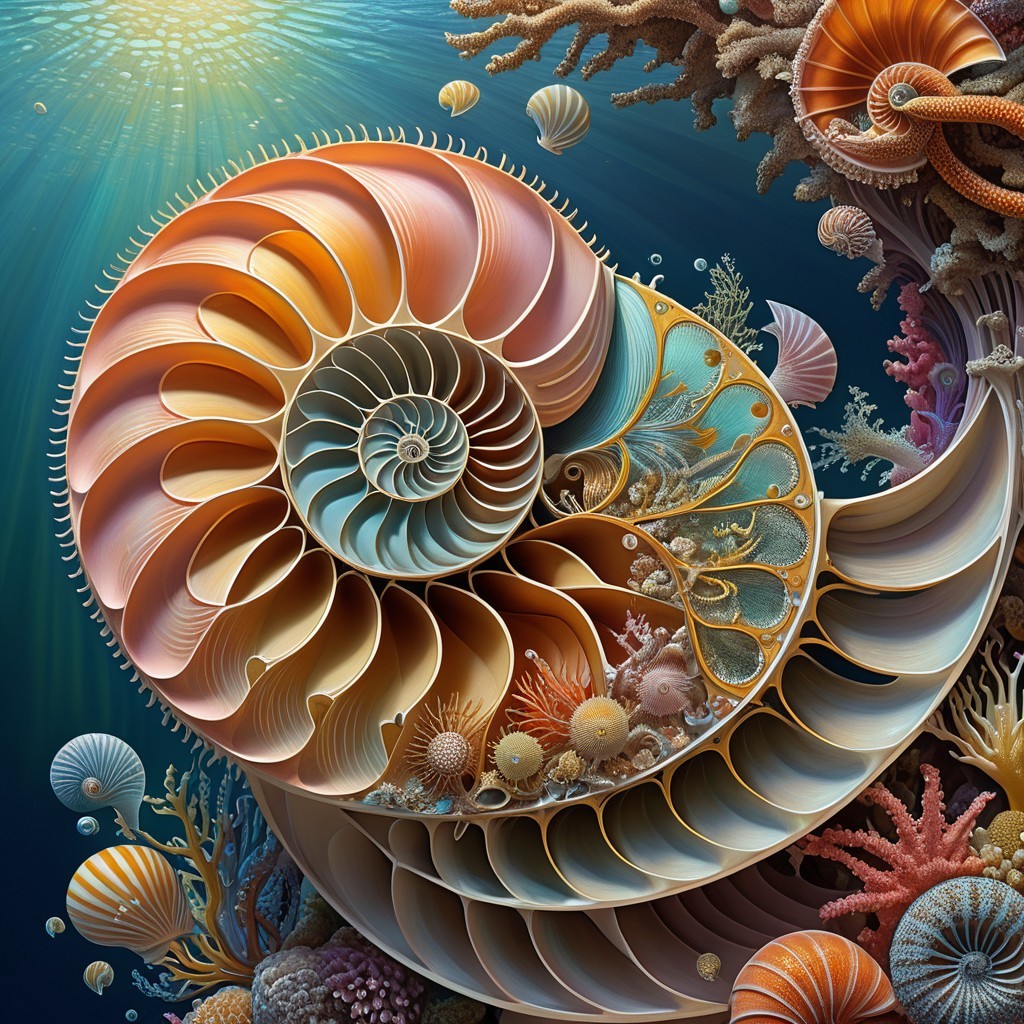 Vibrant Underwater Scene with Nautilus Shell and Marine Life