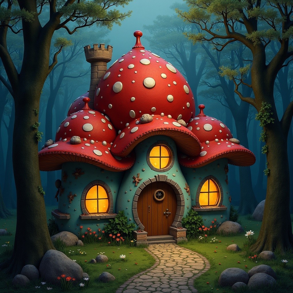 Whimsical Mushroom-Shaped House in a Magical Forest