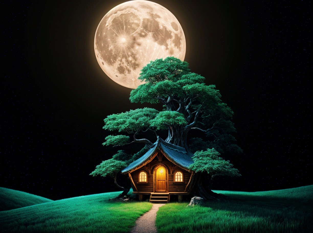 Cozy House Under an Ancient Tree at Night