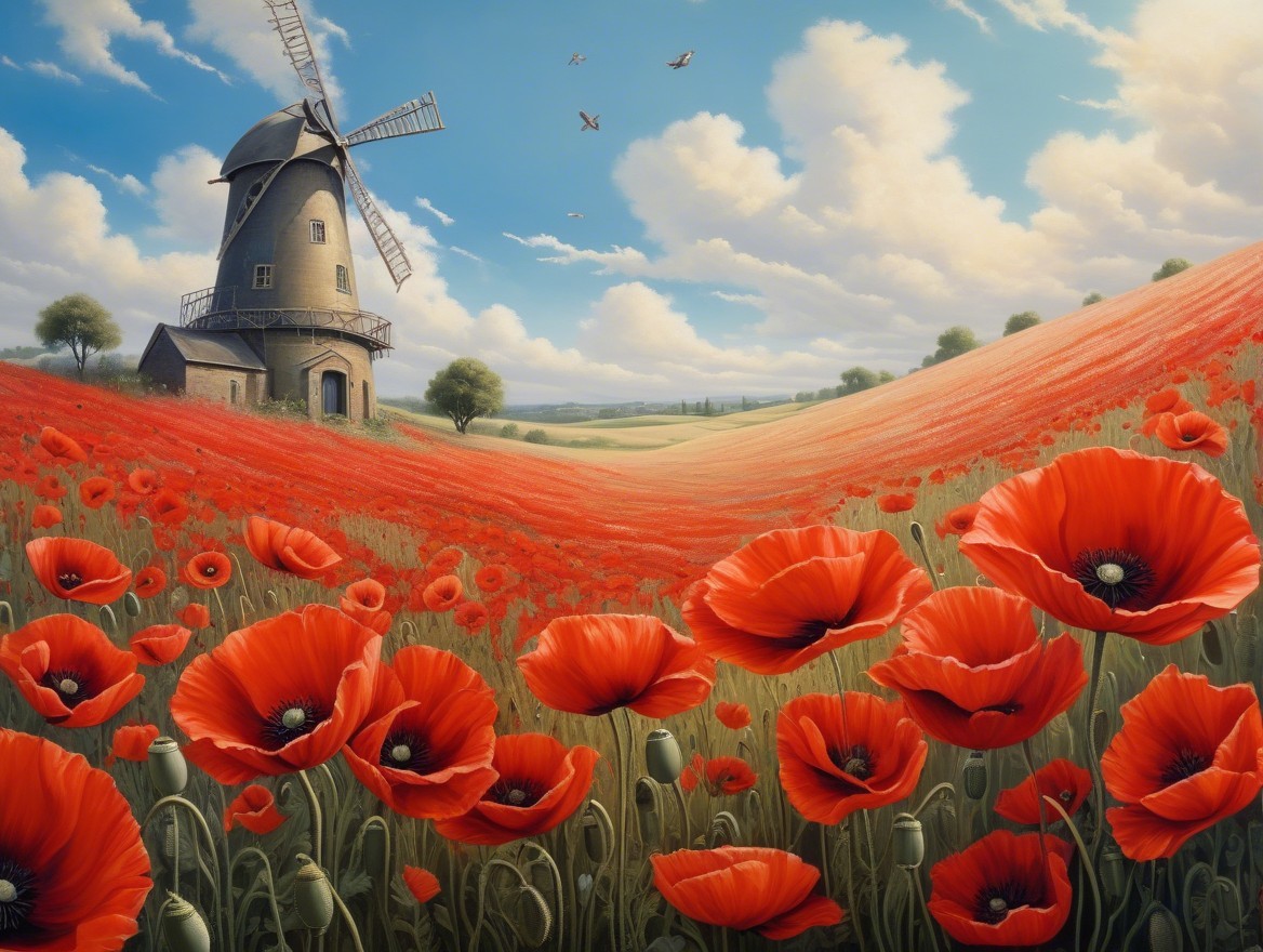 Classic Windmill in a Field of Red Poppies