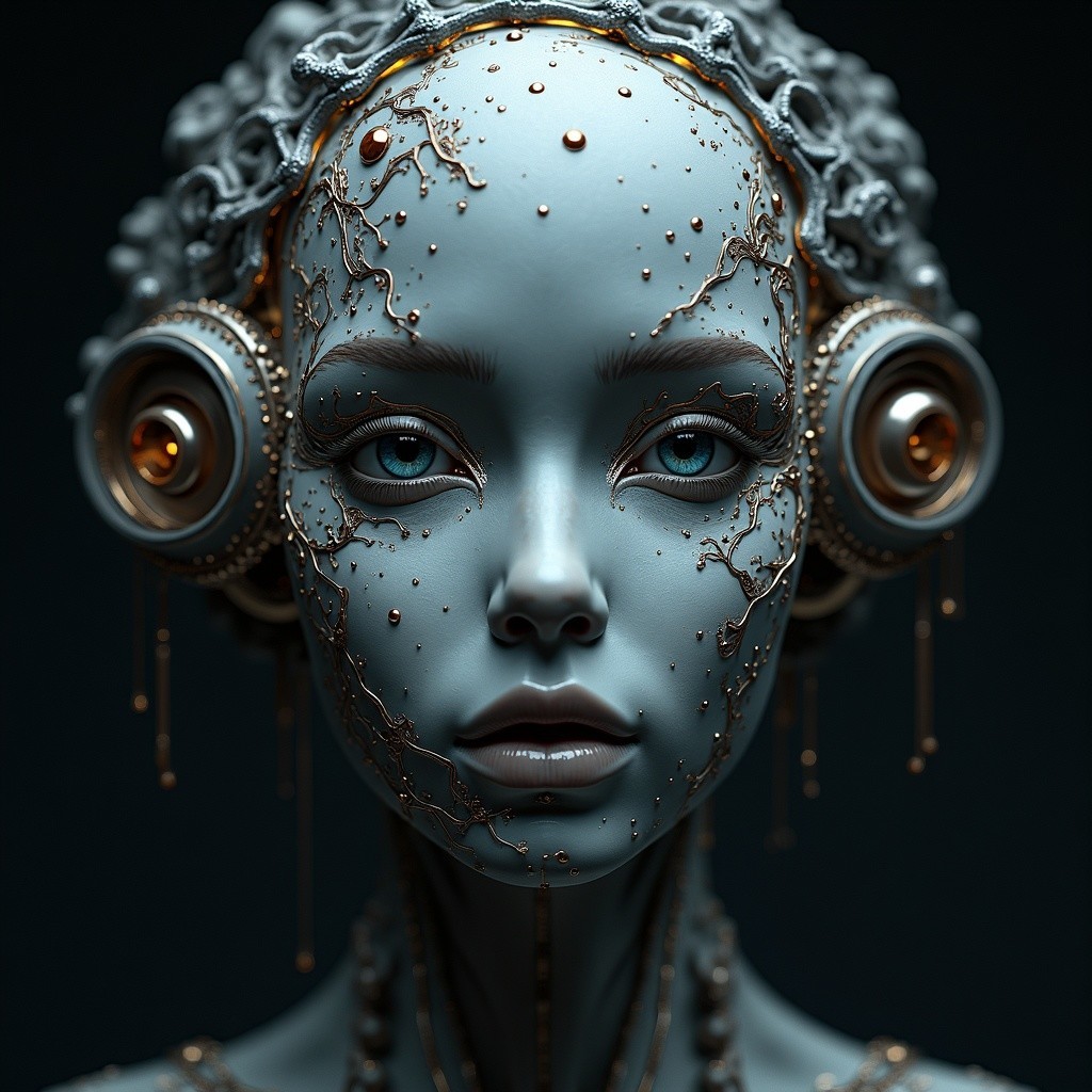 Futuristic humanoid figure with blue complexion and circuits