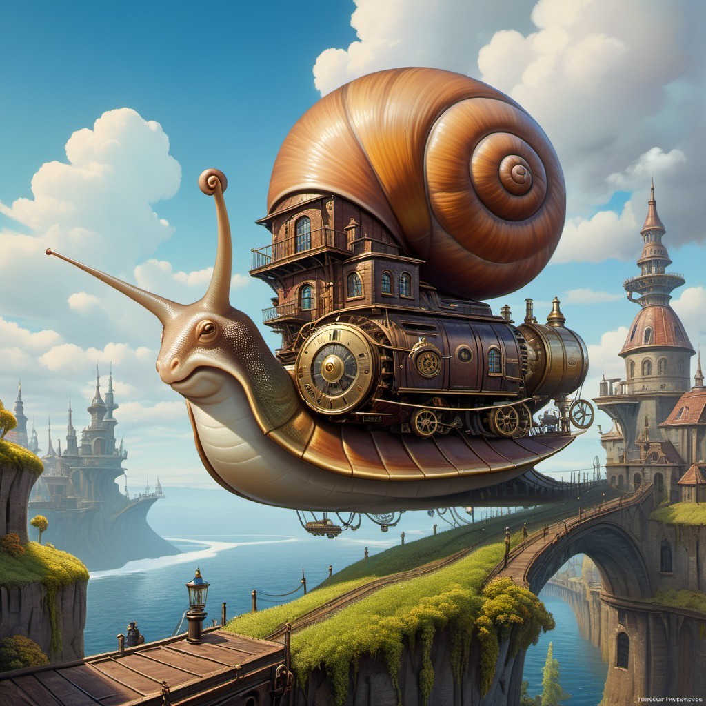 Steampunk Snail with House Over Scenic Landscape