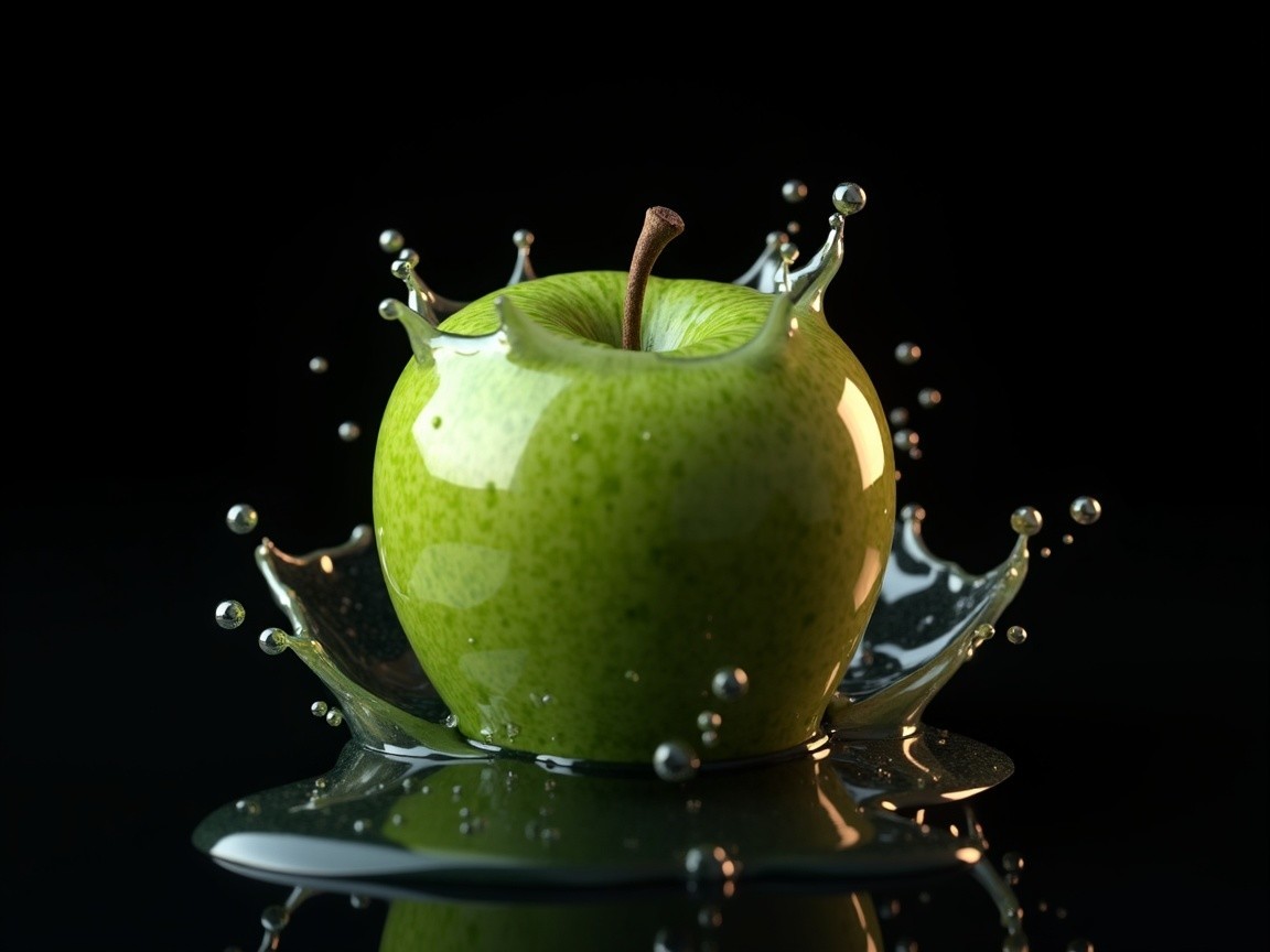 Vibrant Green Apple with Water Splash on Black Background