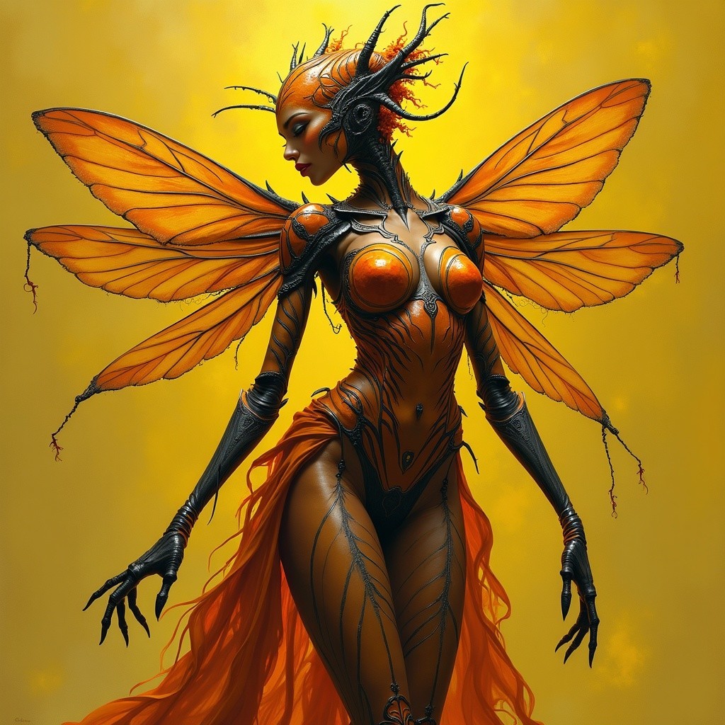 Futuristic figure with butterfly wings and metallic accents
