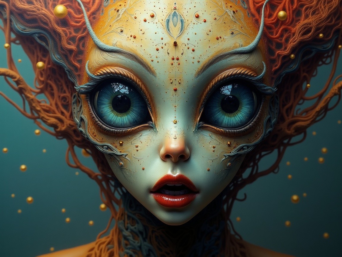 Surreal Alien Figure with Intricate Designs and Colors