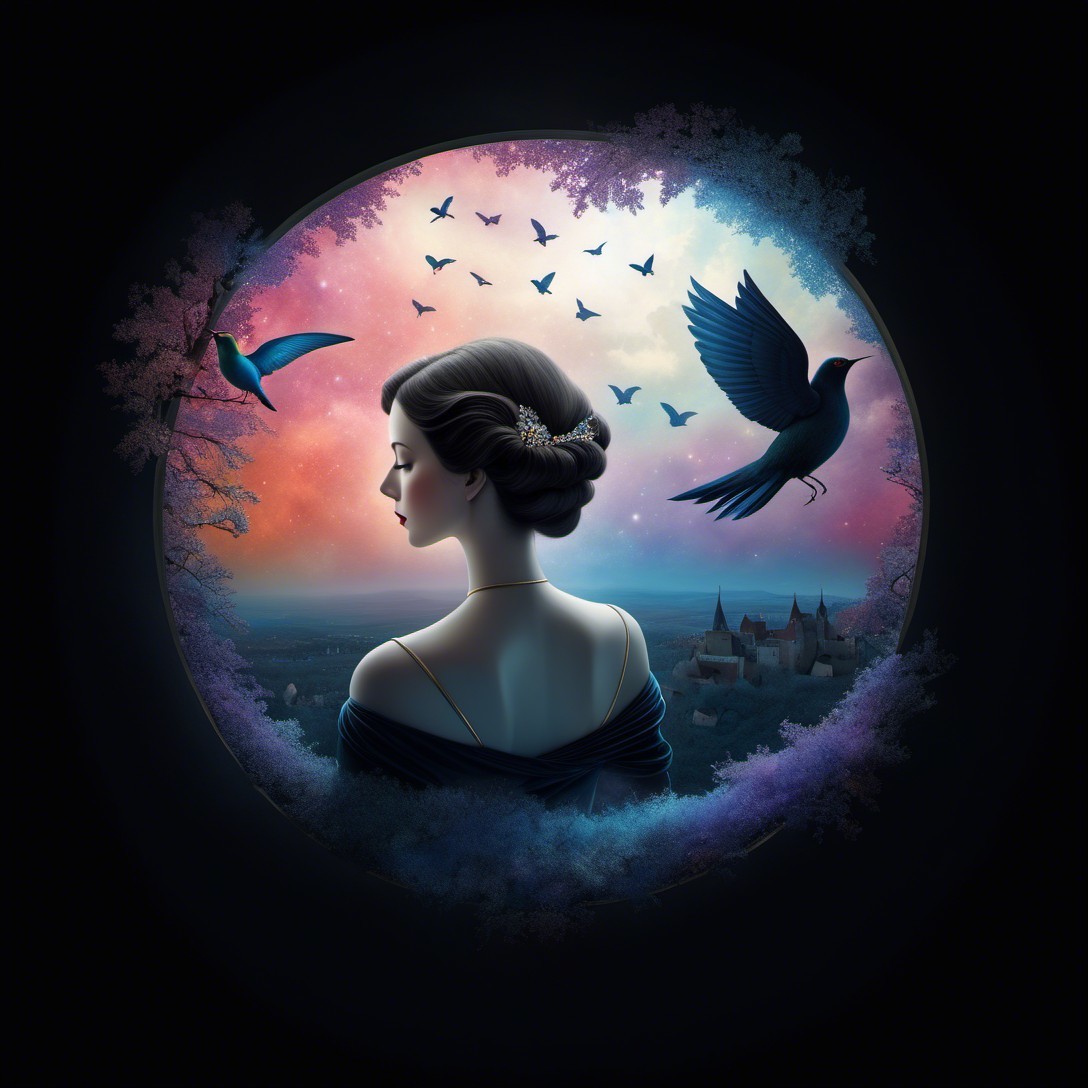 Digital Painting of Woman in Backless Dress and Landscape