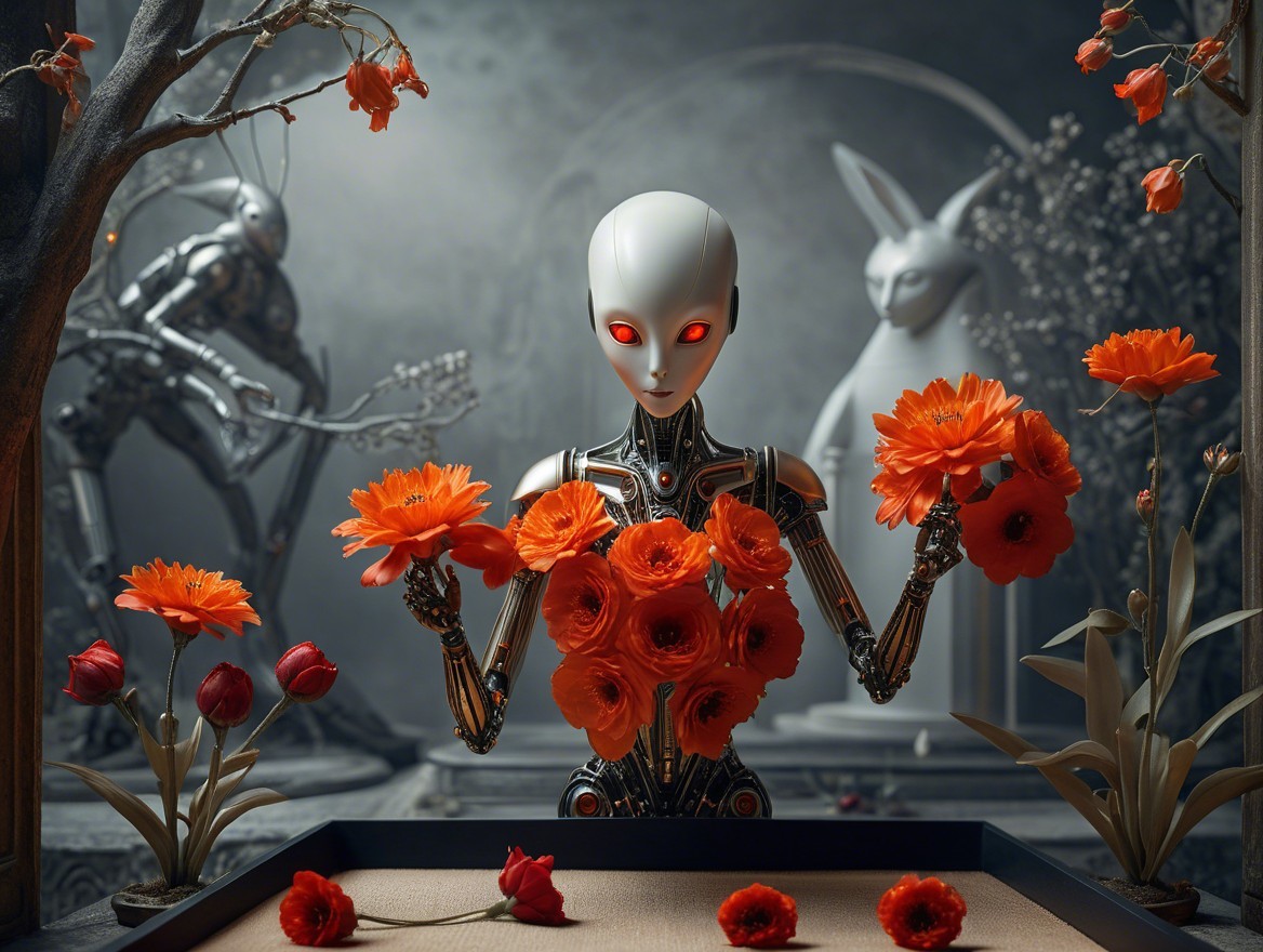 Humanoid Robot with Flowers in Surreal Art Setting
