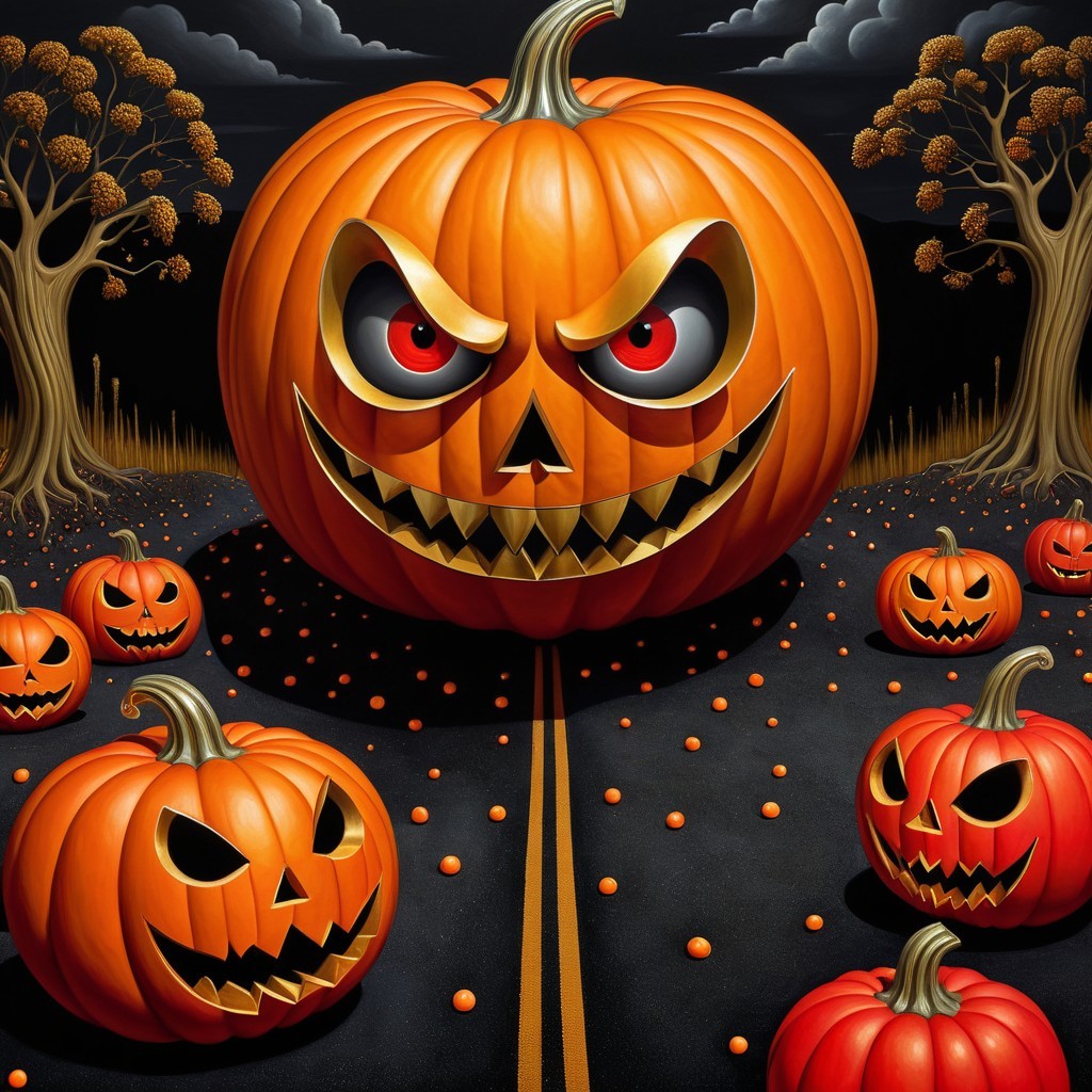 Halloween Scene with Menacing Pumpkins and Eerie Trees