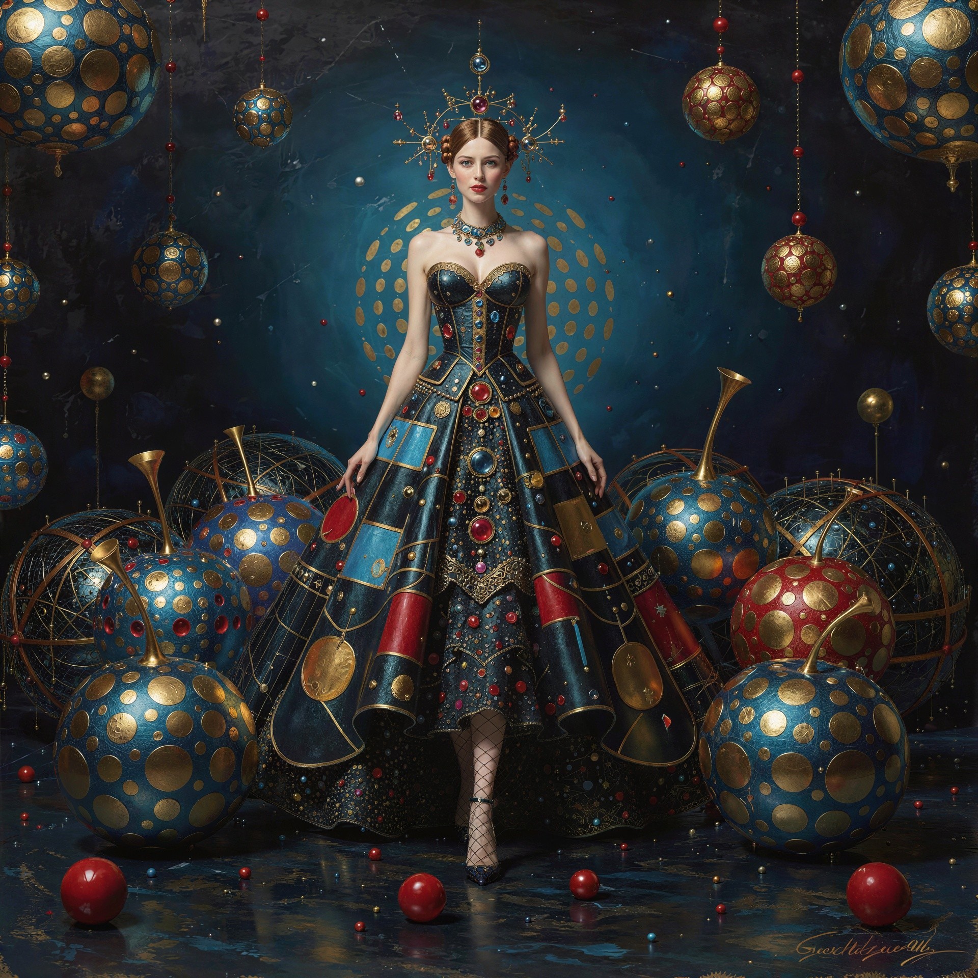 Oil Painting of Woman in Ornate Dress and Crown